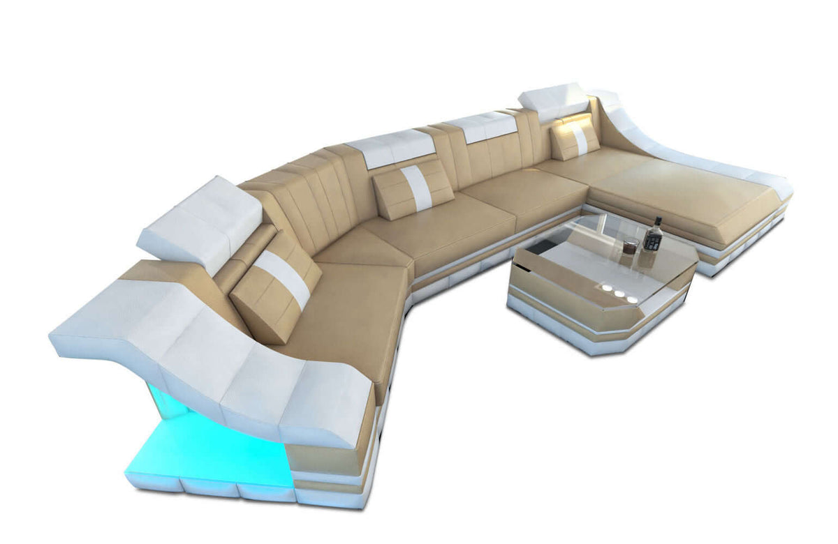 Mini Couch Turino C-Form in Leder Sandbeige-Weiß