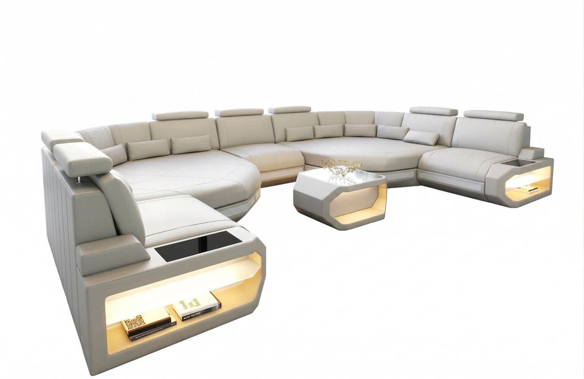 XXL Wohnlandschaft Asti U-Form in Leder beige-weiß