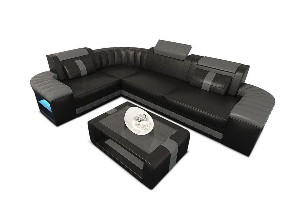 Designsofa Bergamo Eleganz L-Form aus Leder schwarz-grau
