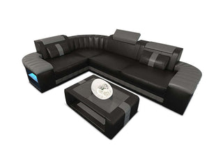 Mini Designersofa Leder Bergamo mit LED in Schwarz und Grau aus Kunstleder mit Ecke Links für Wohnzimmer