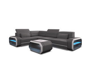 Ledercouch Verona L Form mit LED – Stil und Komfort in Grau und Weiß aus Kunstleder mit Ecke Links für Wohnzimmer