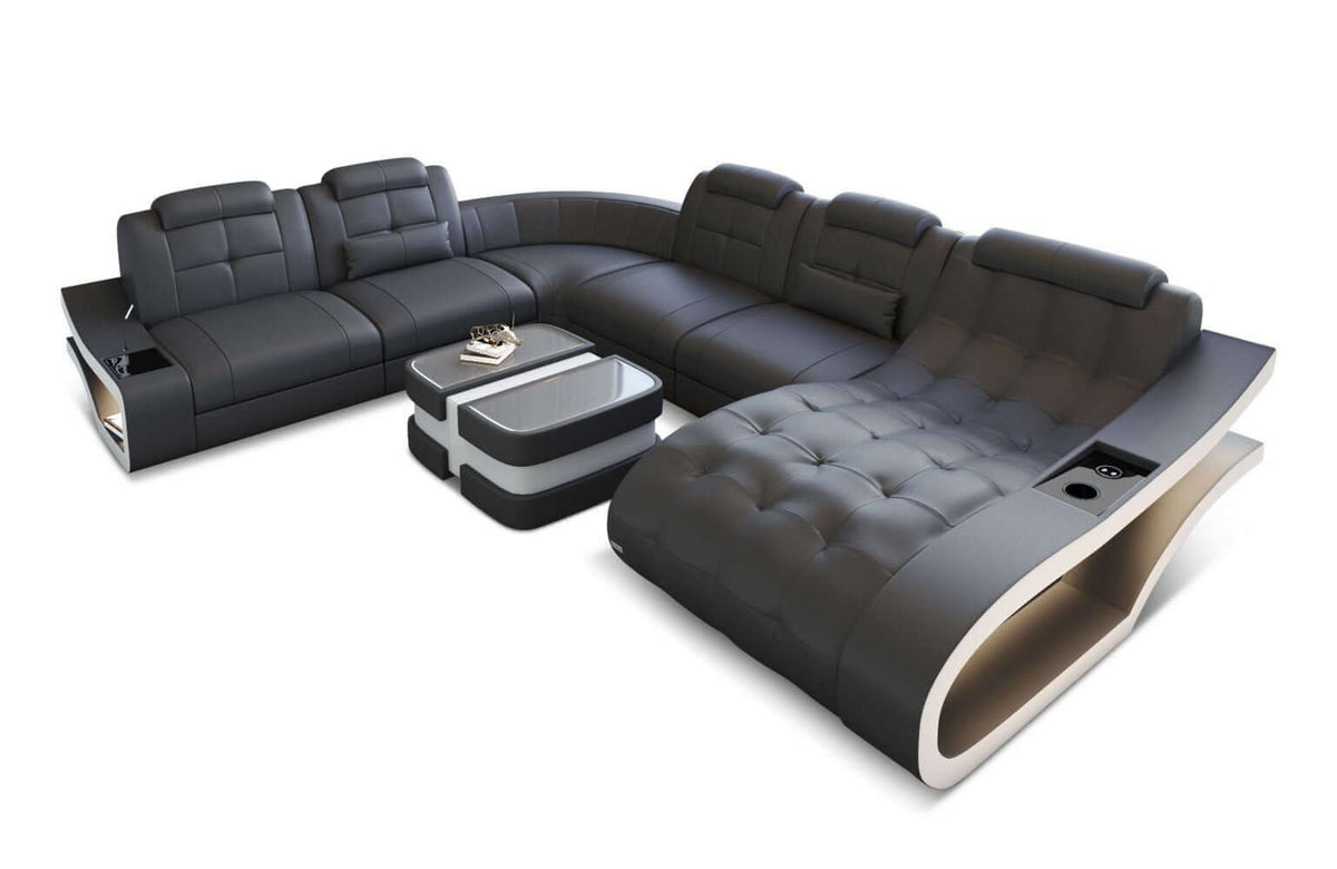 Leder Wohnlandschaft Elegante XXL U-Form grau-weiß
