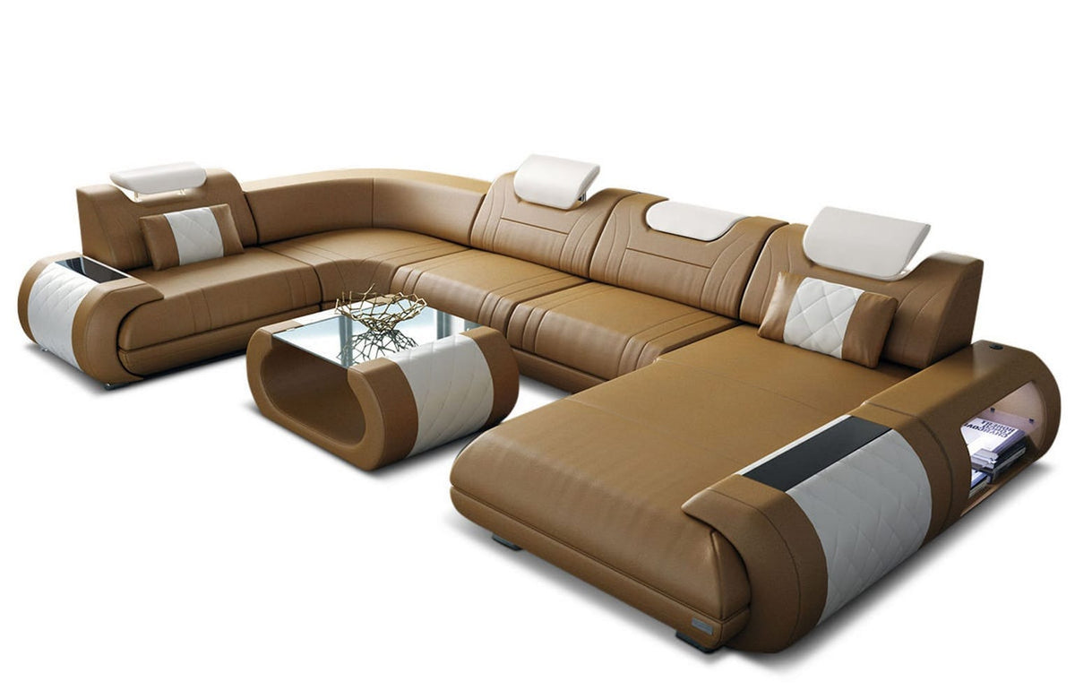 Leder Couch Rimini U-Form sandbeige-weiß
