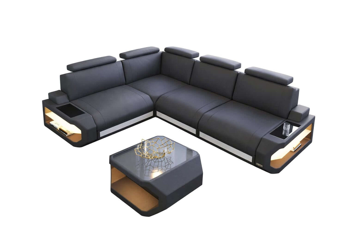 Couch Siena L-Form in Leder grau-weiß