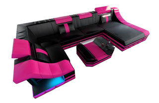Moderne Wohnlandschaft Turino U-Form mit LED in Kunstleder und der Farbe Schwarz und Pink - Ausrichtung rechts