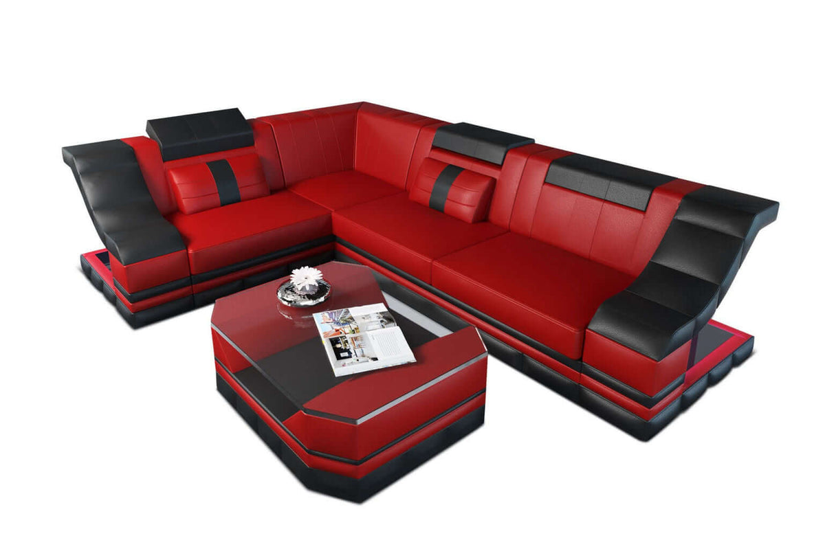 Mini Ecksofa Bianchi L-Form aus Leder Rot-Schwarz