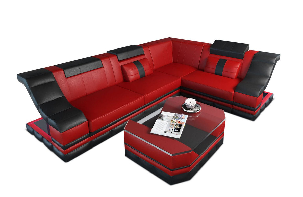Couch Bianchi L-Form in Leder rot-schwarz