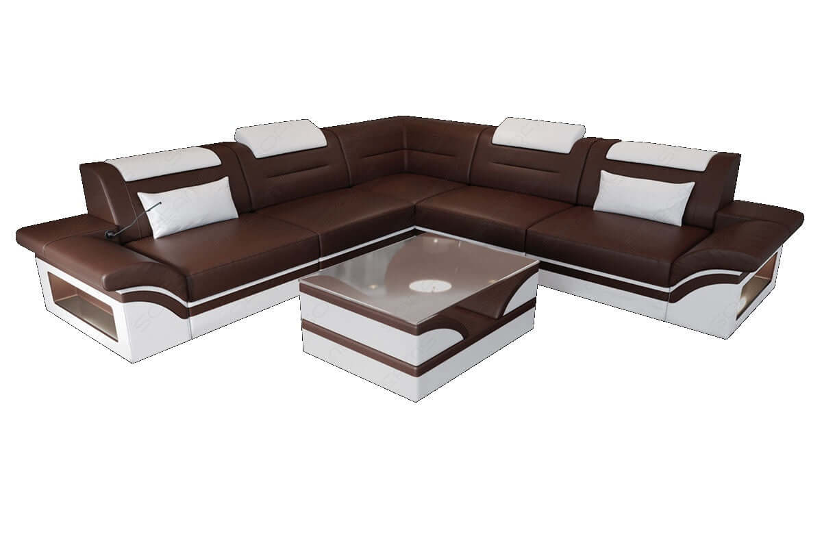 Mini Ecksofa Brianza L-Form aus Leder Dunkelbraun-Weiß