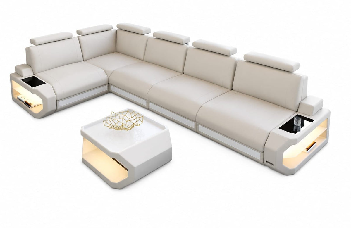 Leder-Ecksofa Siena L Lang Komfort & Stil beige-weiß
