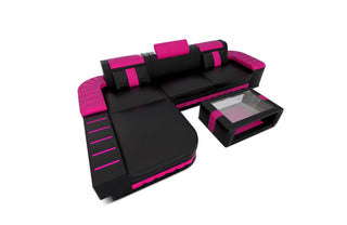 Designersofa Bellagio L-Form mit LED in Schwarz und Pink aus Kunstleder mit Ottomane Links für Wohnzimmer