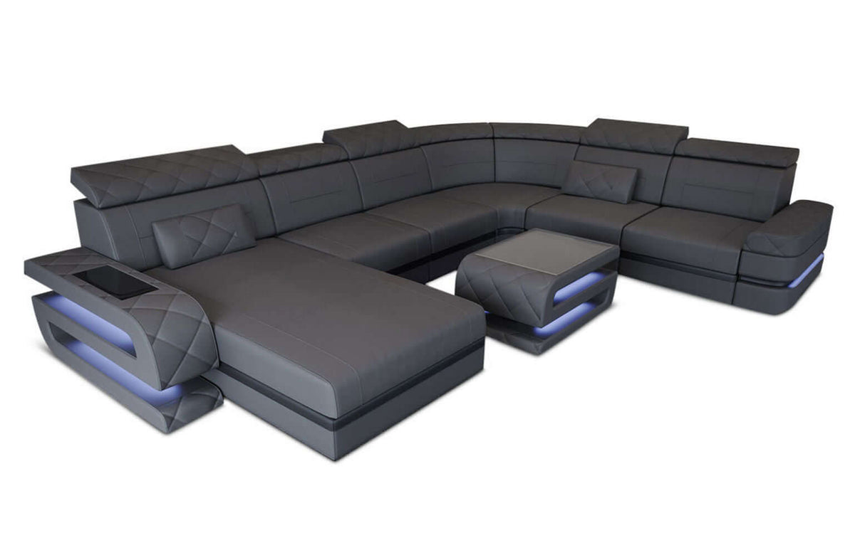 Mini Wohnlandschaft Bologna XXL U-Form in Leder Grau-Schwarz
