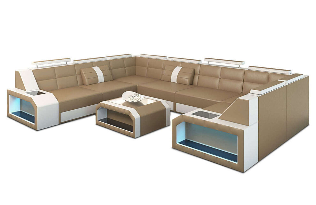 Mini Wohnlandschaft Pesaro U-Form aus Leder Sandbeige-Weiß