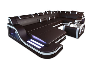 Design Wohnlandschaft Palermo U-Form mit LED in Kunstleder und der Farbe Dunkelbraun und Weiß - Ausrichtung links