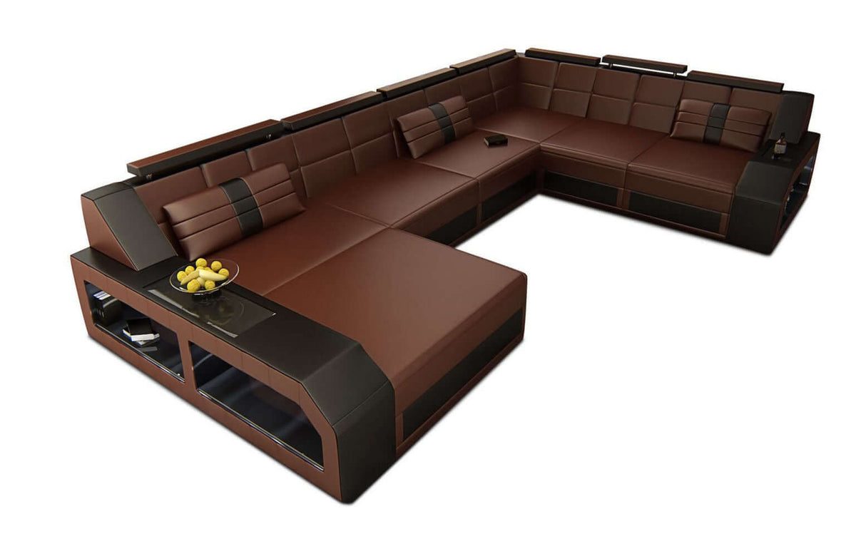 Mini XXL Wohnlandschaft Matera U-Form in Leder Dunkelbraun-Schwarz