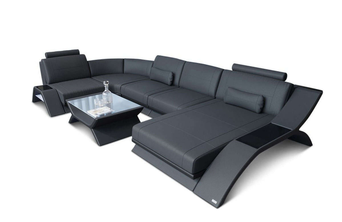 Designsofa Calabria U-Form aus Leder grau-schwarz