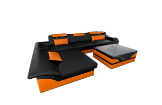 Designer Ledersofa Monza L-Form in Kunstleder und der Farbe Schwarz und Orange - Ausrichtung links