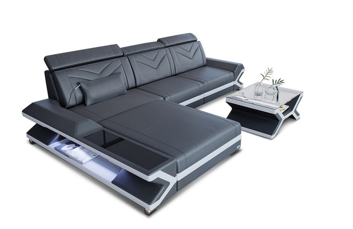 Ecksofa Napoli L-Form aus Leder grau-weiß