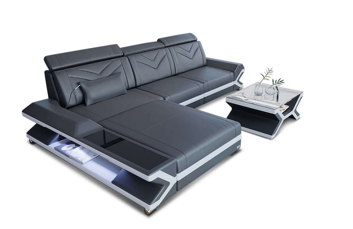 Mini Ecksofa Napoli L-Form aus Leder Grau-Weiß
