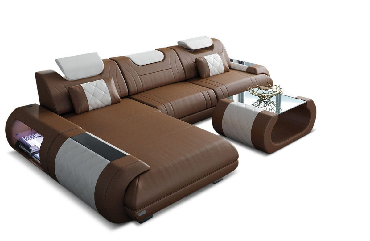 Ecksofa Rimini L-Form aus Leder dunkelbraun-weiß