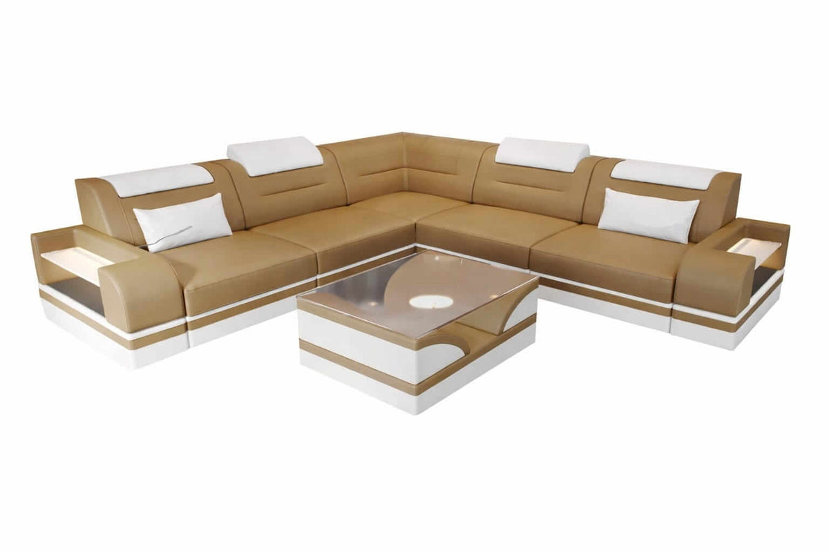 Mini Ecksofa Trivento L-Form in Leder Sandbeige-Weiß