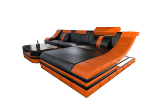 Mini Leder Ecksofa Turino L-Form in Kunstleder und der Farbe Schwarz und Orange - Ausrichtung rechts