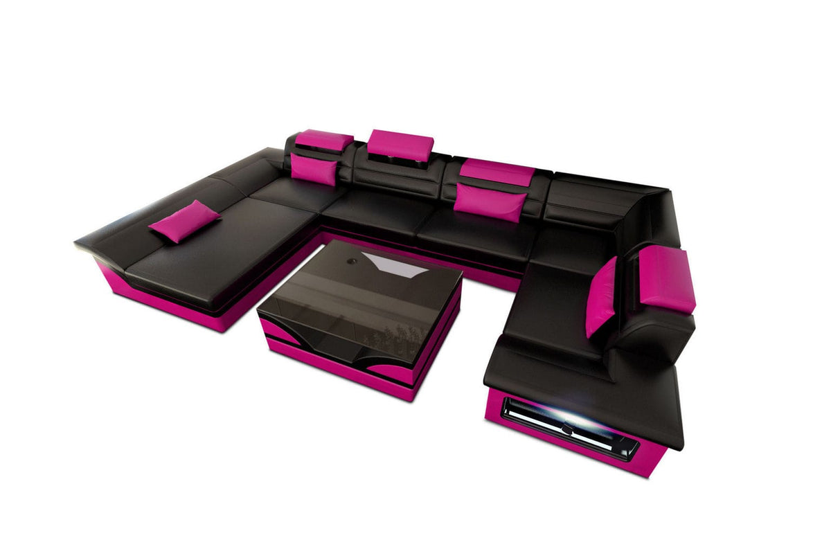 Sofa Enzo U-Form in Leder schwarz-pink