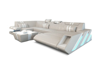 Ledercouch Apollonia U-Form – Komfort und Stil in Beige und Weiß aus Kunstleder mit Ottomane Rechts für Wohnzimmer