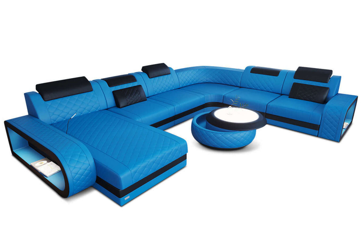 Mini XXL Wohnlandschaft Berlin U-Form aus Leder Blau-Schwarz