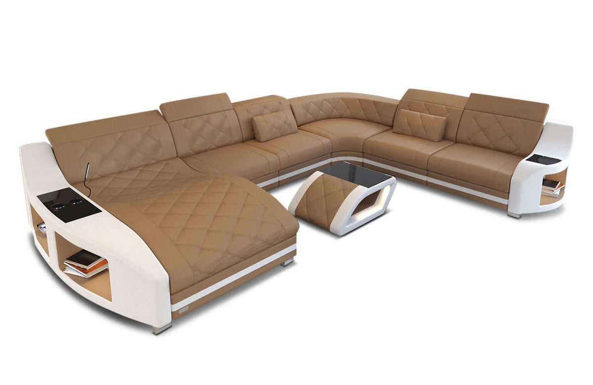 Mini Wohnlandschaft Swing XXL U-Form in Leder Sandbeige-Weiß