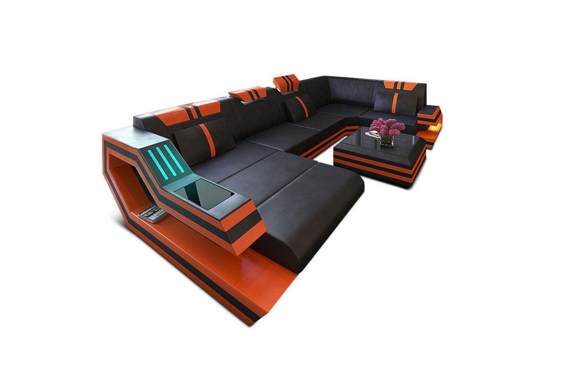 Wohnlandschaft Ravenna U-Form in Leder schwarz-orange