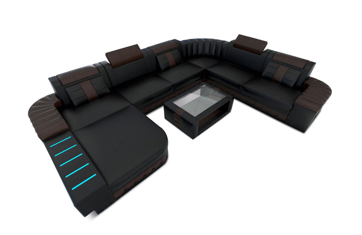XXL Wohnlandschaft Bellagio U-Form aus Leder schwarz-dunkelbraun