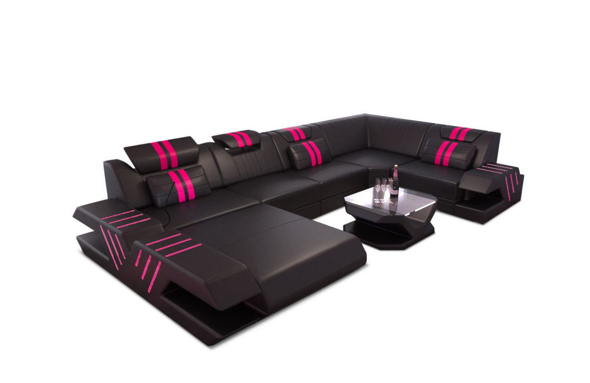 Wohnlandschaft Venedig U-Form in Leder schwarz-pink