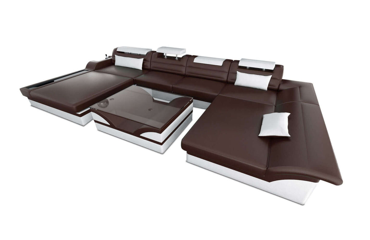 Mini Wohnlandschaft Monza Eleganz U-Form aus Leder Dunkelbraun-Weiß