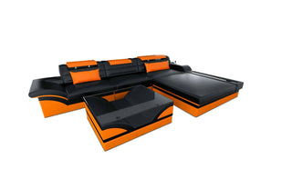 Mini Designer Ledersofa Parma L-Form in Kunstleder und der Farbe Schwarz und Orange - Ausrichtung rechts