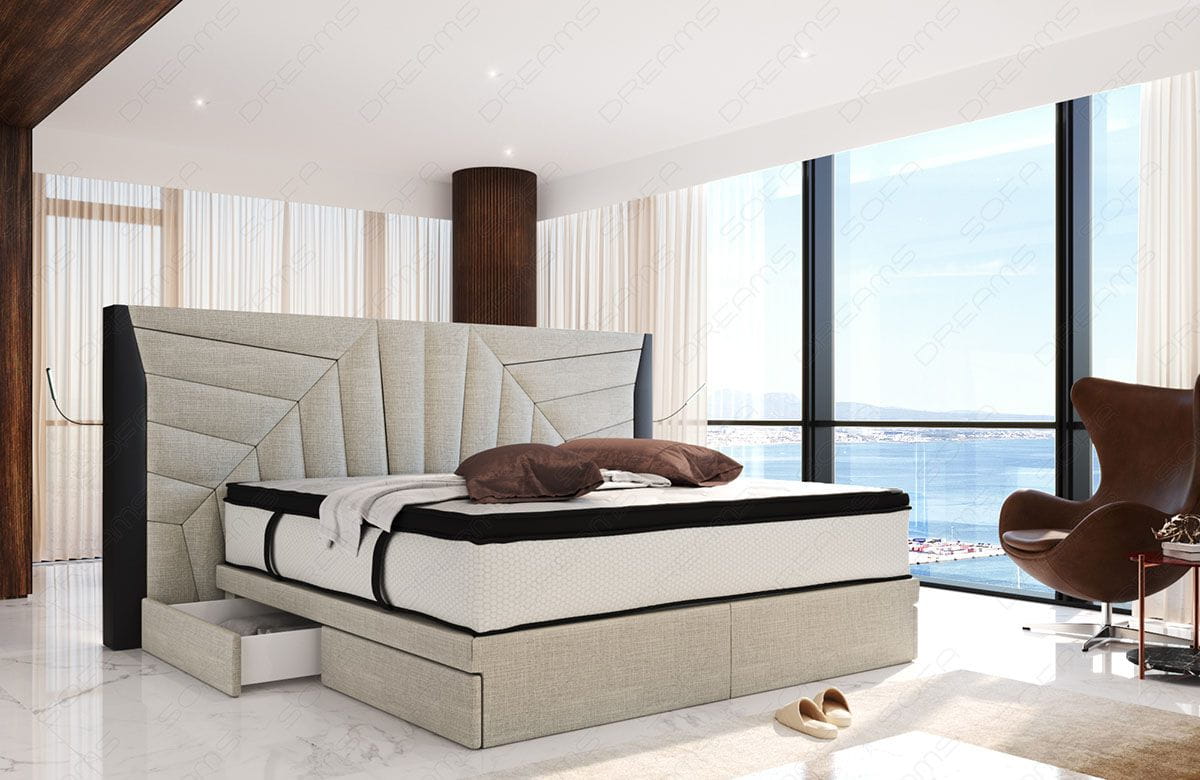 Boxspringbett Monaco Stoffbezug Elfenbein-Schwarz