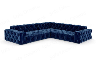 Ecksofa Menorca in L-Form, Stoffbezug in Samtstoff und der Farbe Dunkelblau