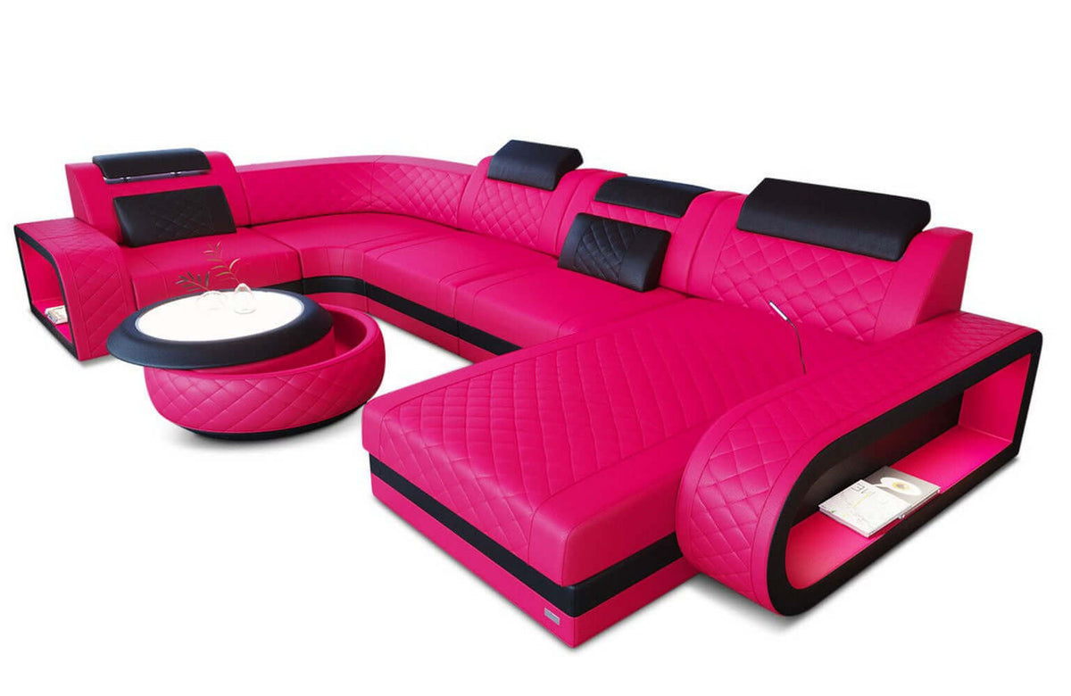 Mini Wohnlandschaft Berlin U-Form aus Leder Pink-Schwarz