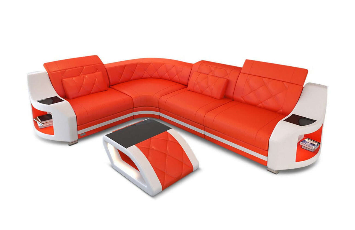 Mini Ecksofa Genua L-Form in Leder Orange-Weiß