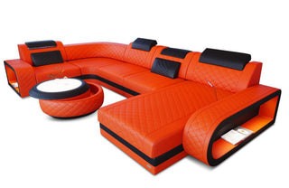 Leder Wohnlandschaft Berlin U-Form – Stil & Komfort in Kunstleder und der Farbe Orange und Schwarz - Ausrichtung rechts