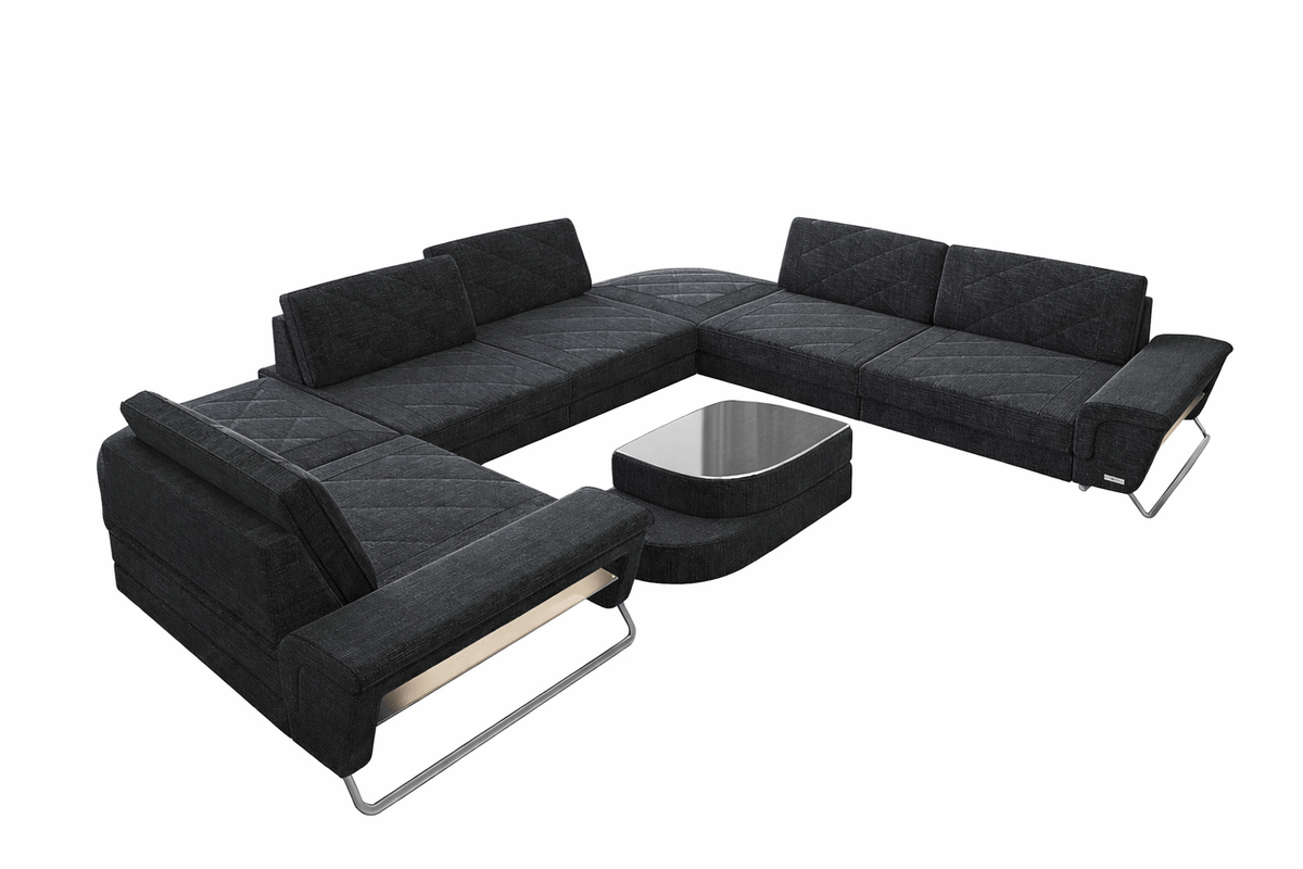 Wohnlandschaft Rotello U-Form aus Stoff Schwarzgrau-Schwarz