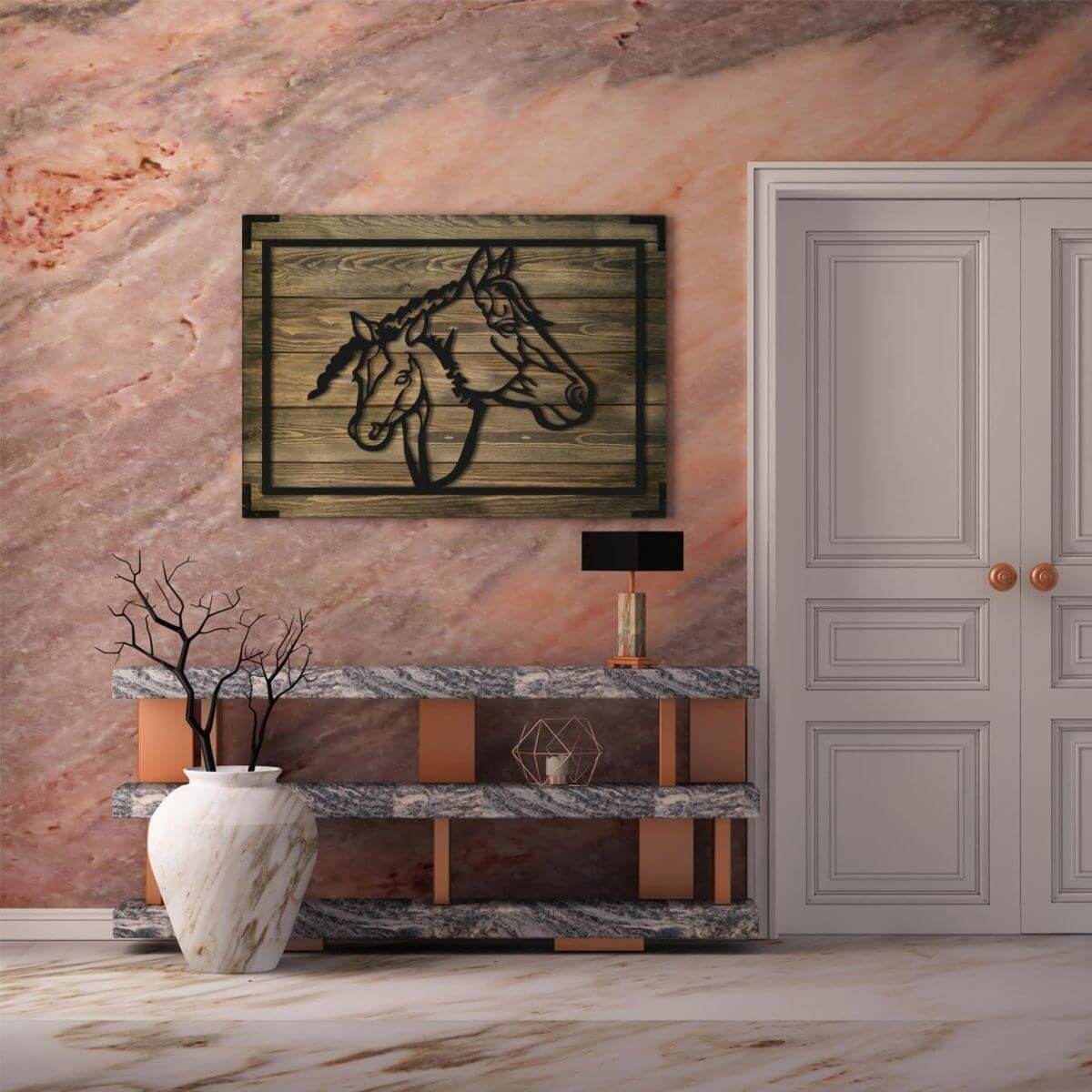 Wandbild Holz Pferde – Elegante Wandkunst für Wohnzimmer - Bild 1