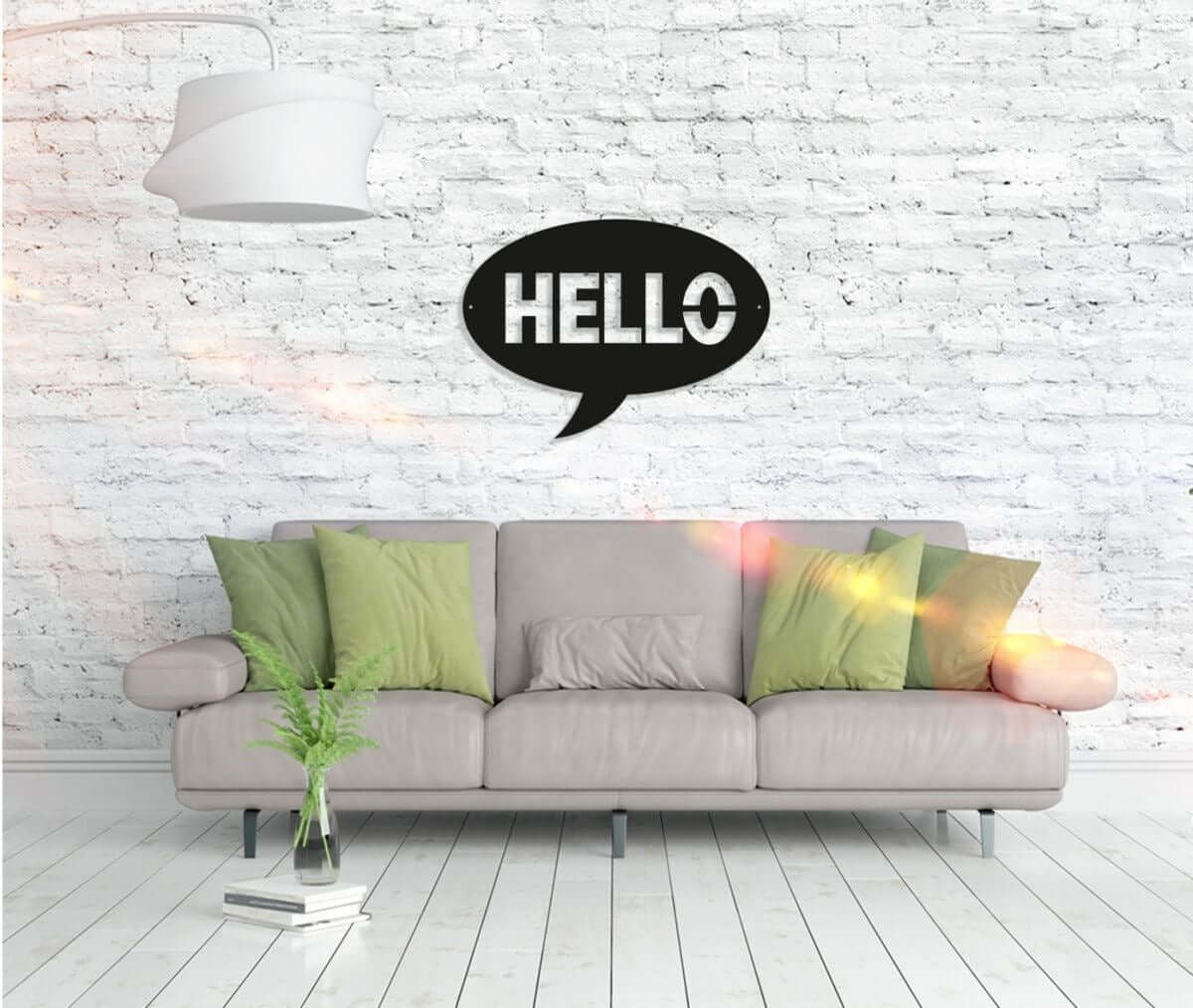Metall Wandbild "Hello" – Trendige Wandkunst für Wohnzimmer