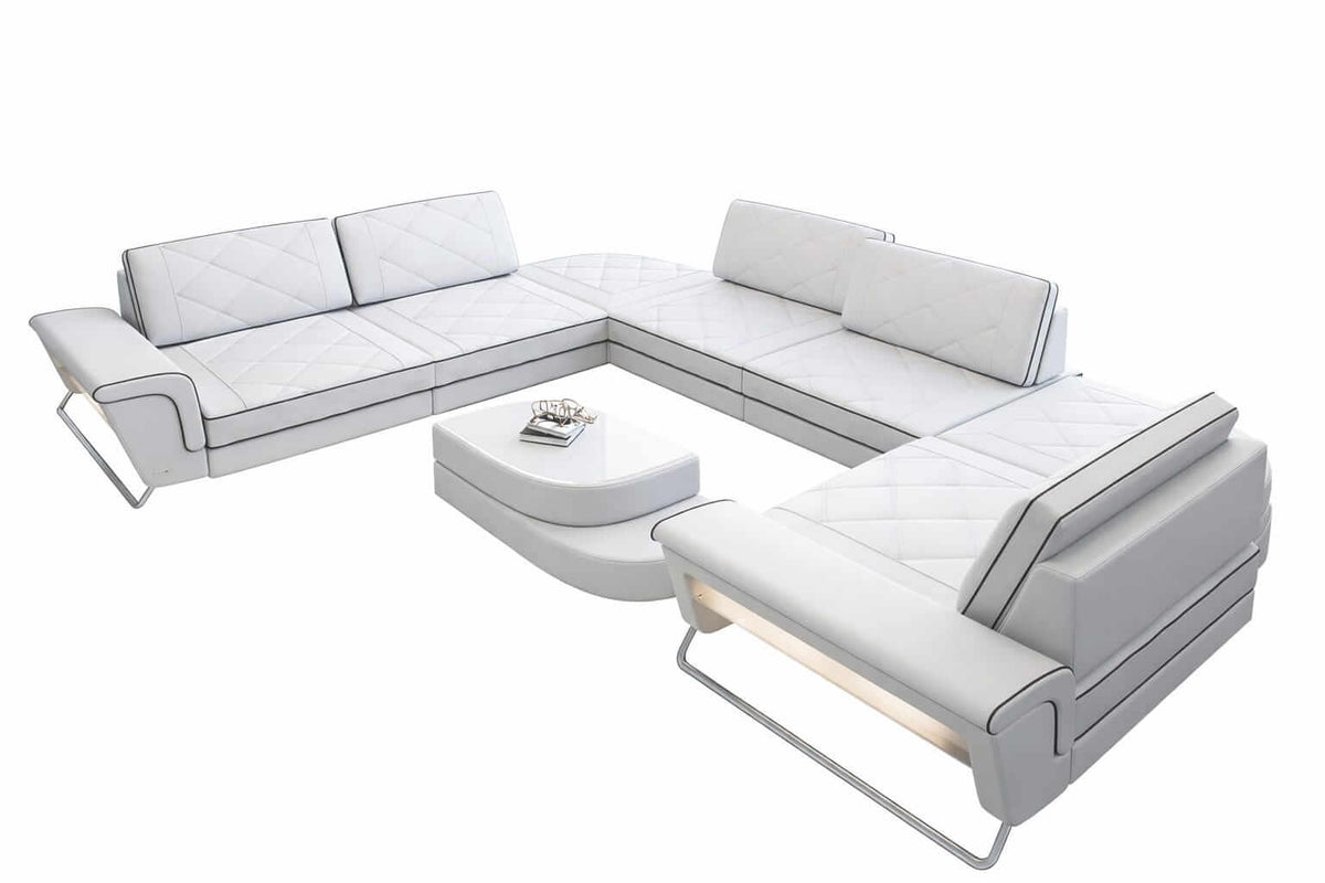 Leder Couch Rotello U-Form weiß-schwarz