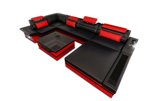Mini Luxus-Wohnlandschaft Mezzo mit LED-Beleuchtung in Kunstleder und der Farbe Schwarz und Rot - Ausrichtung rechts