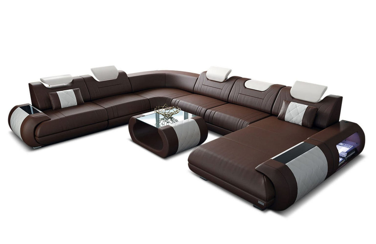 XXL Wohnlandschaft Rimini U-Form aus Leder dunkelbraun-weiß