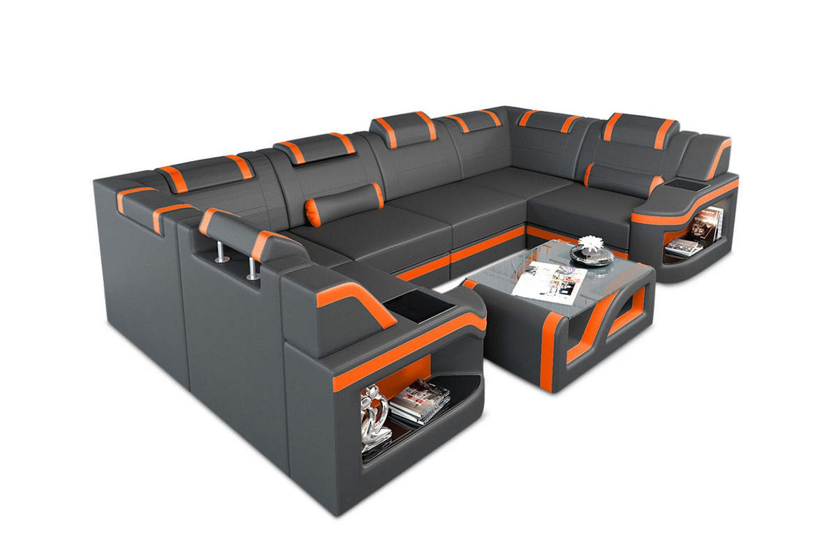 Designsofa Padua U-Form aus Leder grau-orange