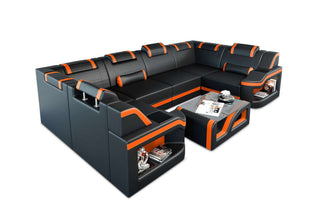 Mini Leder Wohnlandschaft Padua U-Form in Kunstleder und der Farbe Schwarz und Orange