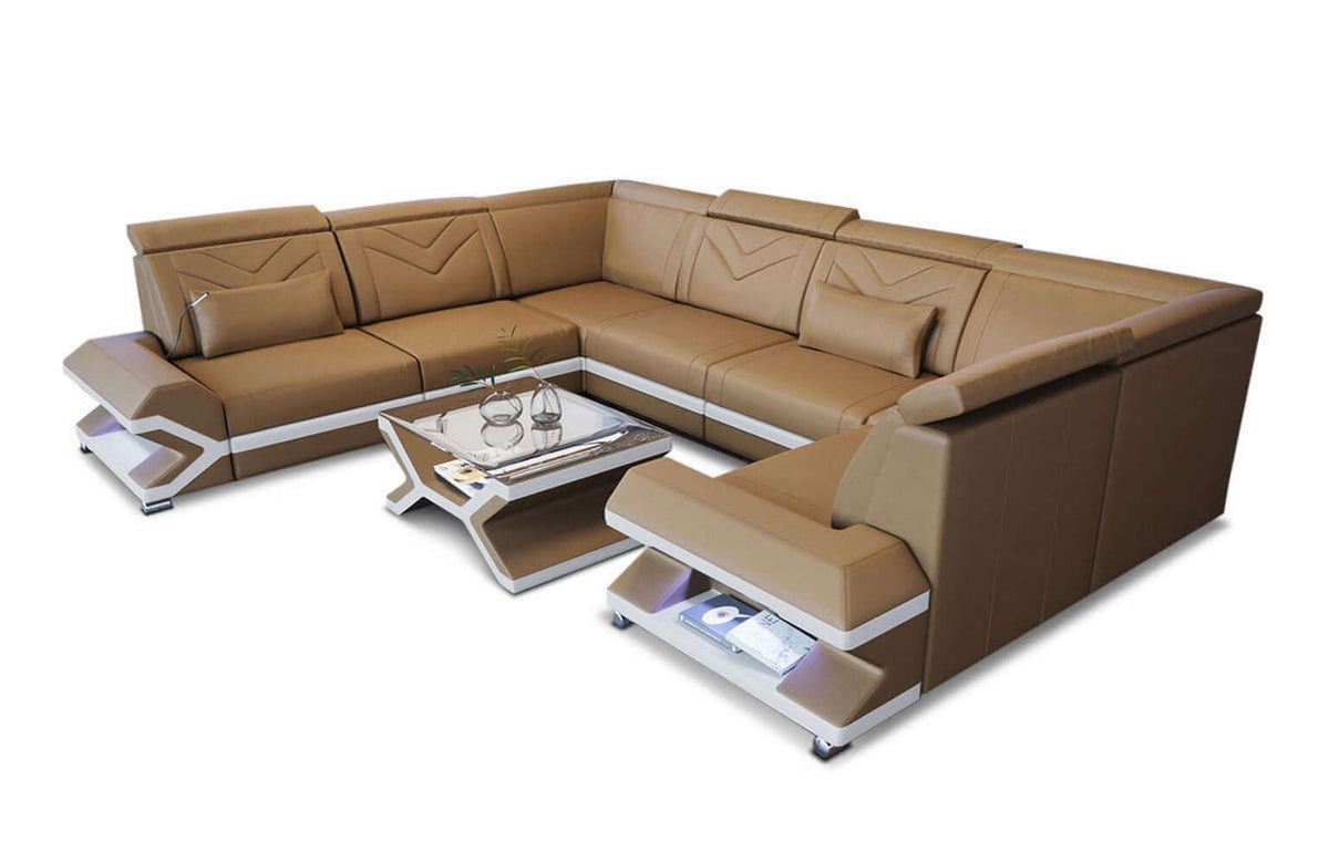 Mini Sofa Sorrento U-Form aus Leder Sandbeige-Weiß