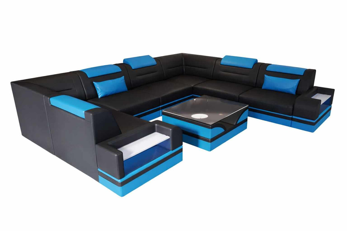 Mini Sofa Trivento U-Form aus Leder Schwarz-Blau