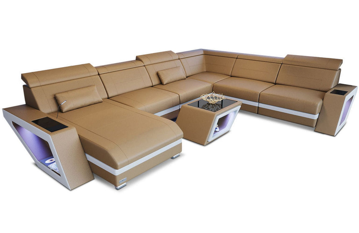 XXL Wohnlandschaft Catania U-Form in Leder sandbeige-weiß